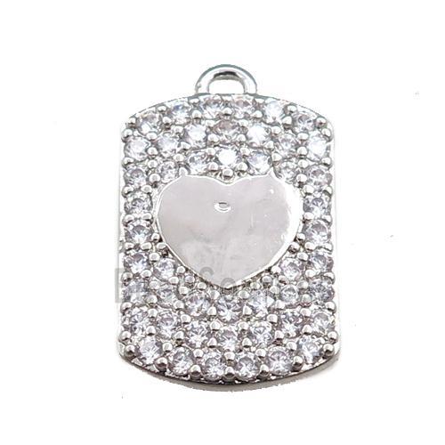 copper rectangle pendant pave zircon, heart, platinum plated