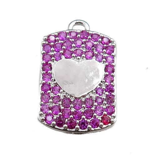 copper rectangle pendant pave hotpink zircon, heart, platinum plated