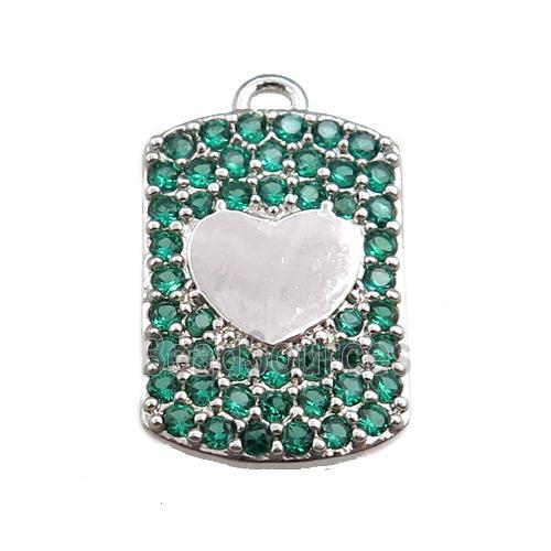 copper rectangle pendant pave green zircon, heart, platinum plated