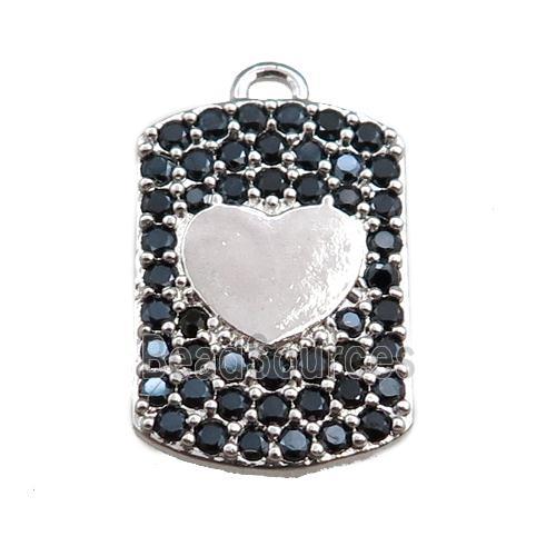 copper rectangle pendant pave zircon, heart, platinum plated