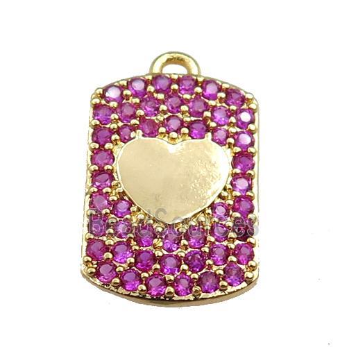 copper rectangle pendant pave hotpink zircon, heart, gold plated