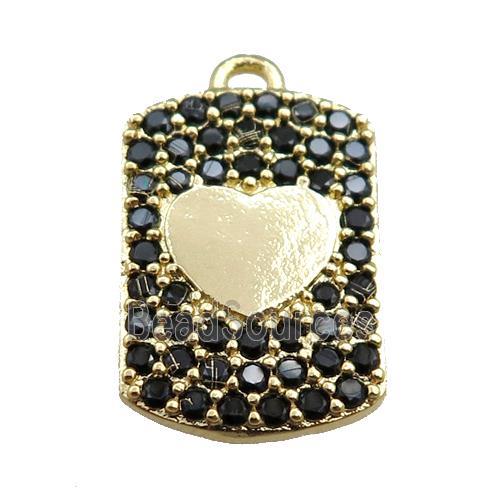 copper rectangle pendant pave black zircon, heart, gold plated