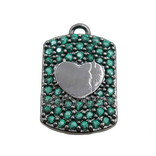 copper rectangle pendant pave green zircon, heart, black plated