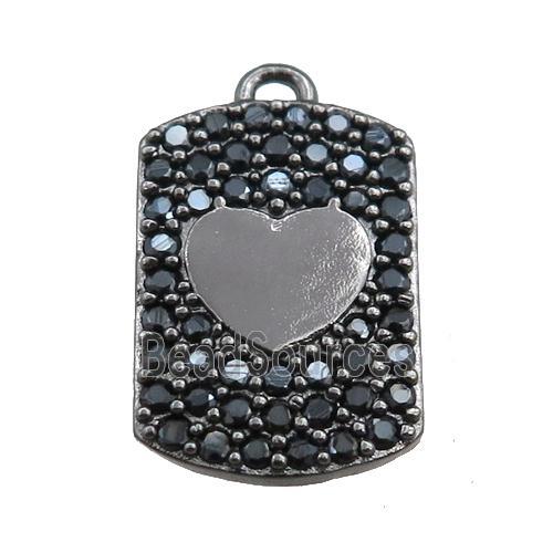 copper rectangle pendant pave black zircon, heart, black plated