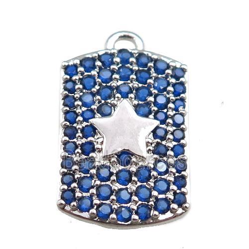 copper rectangle pendant pave blue zircon, star, platinum plated