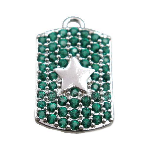 copper rectangle pendant pave green zircon, star, platinum plated