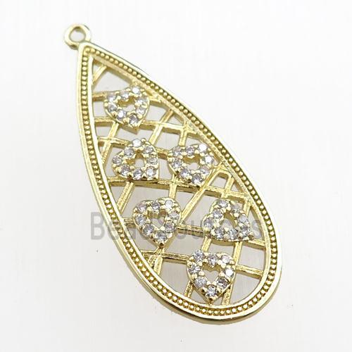 copper teardrop pendant pave zircon, heart, gold plated