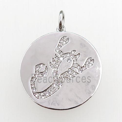 copper circle pendant pave zircon, zodiac Scorpio, platinum plated