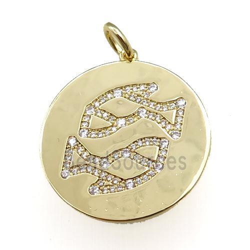 copper circle pendant pave zircon, zodiac Pisces, gold plated