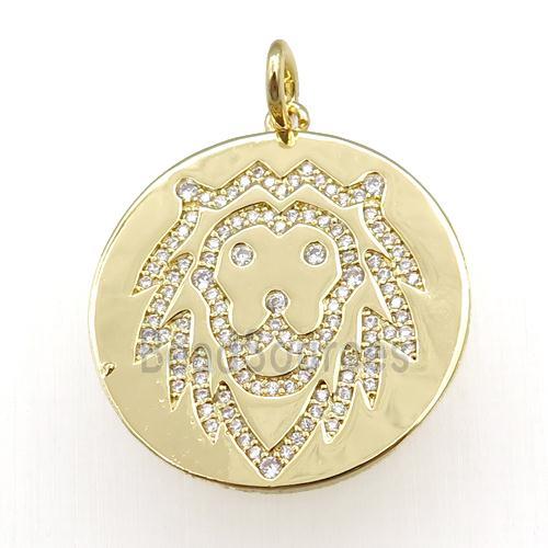 copper circle pendant pave zircon, zodiac Leo, gold plated