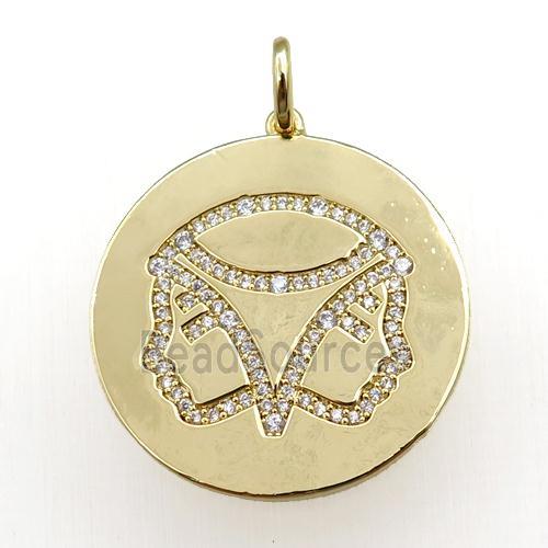 copper circle pendant pave zircon, zodiac Gemini, gold plated