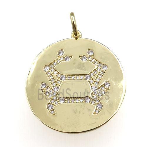 copper circle pendant pave zircon, zodiac Cancer, gold plated