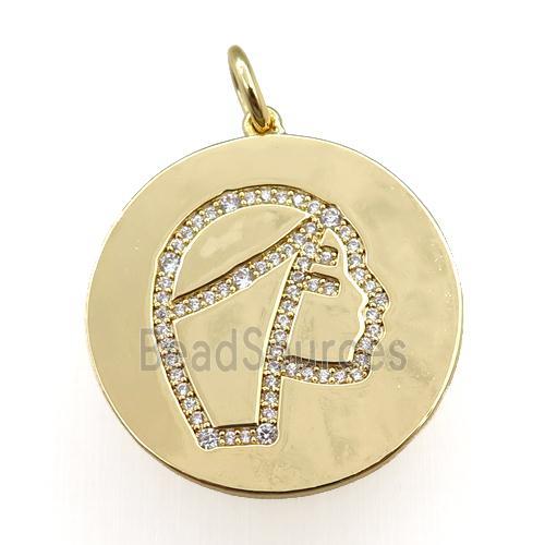 copper circle pendant pave zircon, zodiac Virgo, gold plated