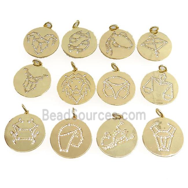 copper circle pendant pave zircon, mixed zodiac, gold plated