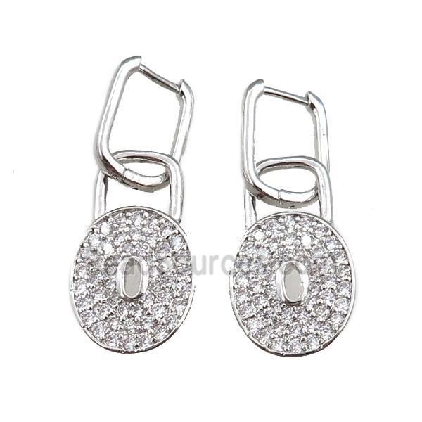 copper Latchback Earrings with lock pave zircon, platinum plated