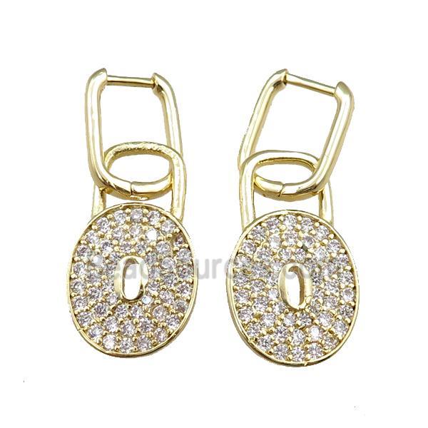 copper Latchback Earrings with lock pave zircon, gold plated