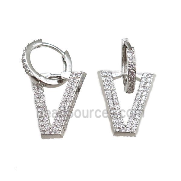 copper Hoop Earrings with V-letter pave zircon, platinum plated