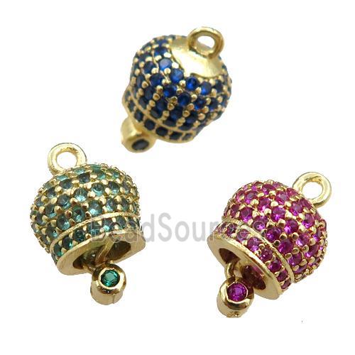 copper bell pendant pave zircon, gold plated, mixed