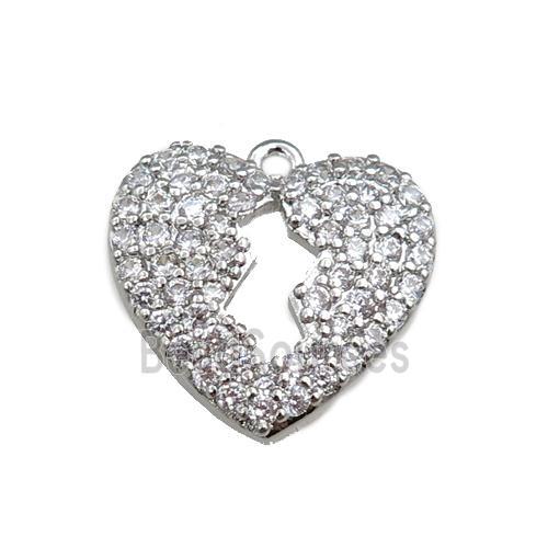 copper heart pendant paved zircon, platinum plated