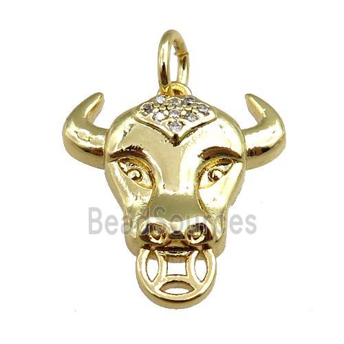 copper bullhead pendant pave zircon, gold plated