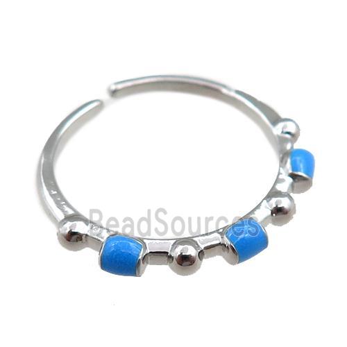 copper Rings with blue enameled, adjustable, platinum plated