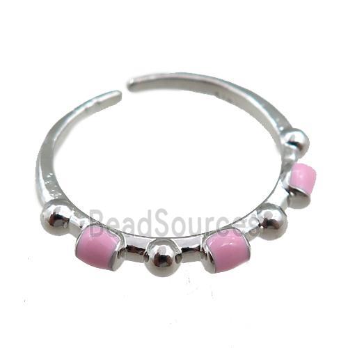 copper Rings with pink enameled, adjustable, platinum plated