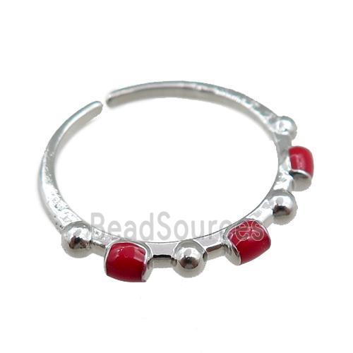 copper Rings with red enameled, adjustable, platinum plated