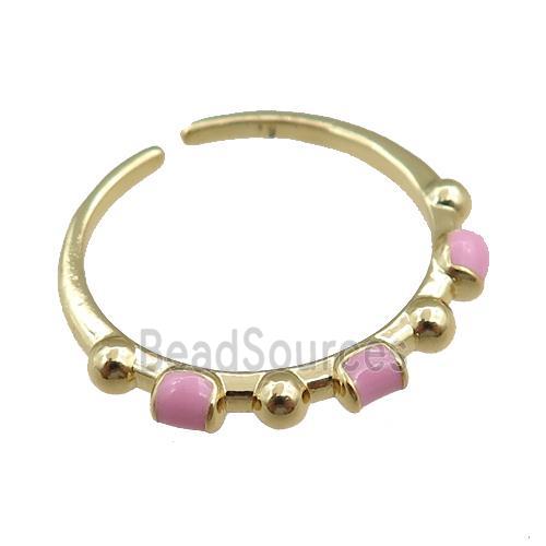 copper Rings with pink enameled, adjustable, gold plated