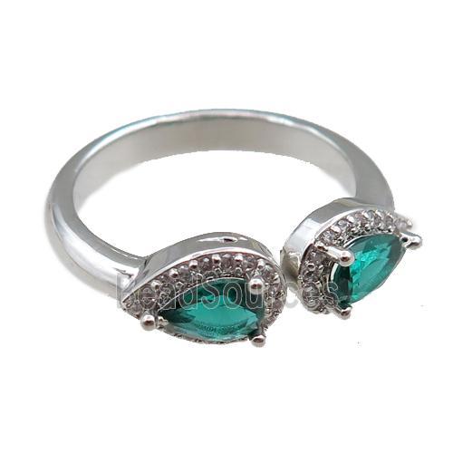 copper Rings pave green zircon, adjustable, platinum plated