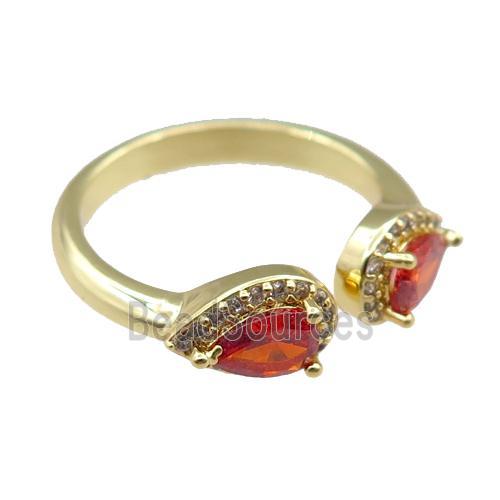 copper Rings pave red zircon, adjustable, gold plated