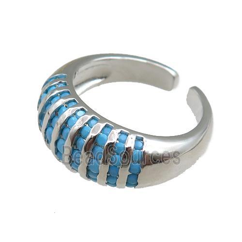 copper Rings pave blue zircon, adjustable, platinum plated