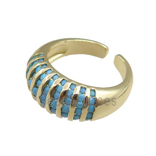 copper Rings pave blue zircon, adjustable, gold plated