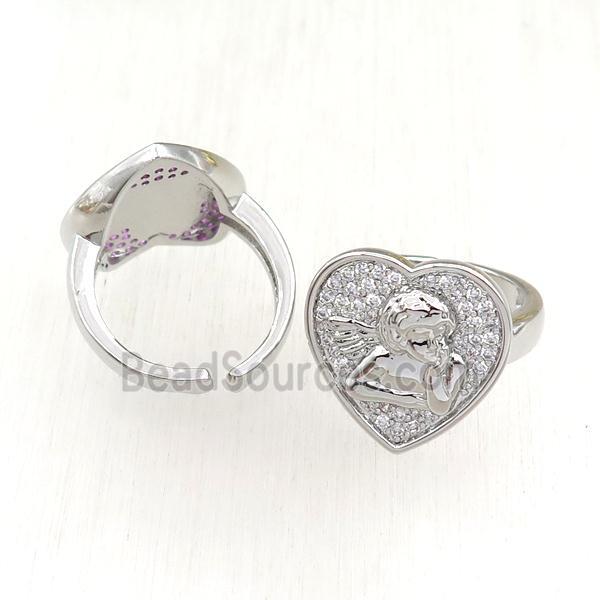 copper Rings pave zircon, heart, adjustable, platinum plated