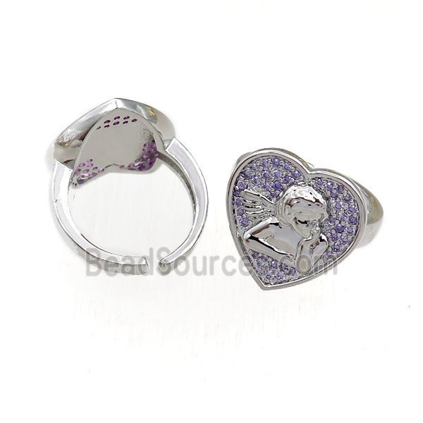 copper Rings pave purple zircon, heart, adjustable, platinum plated