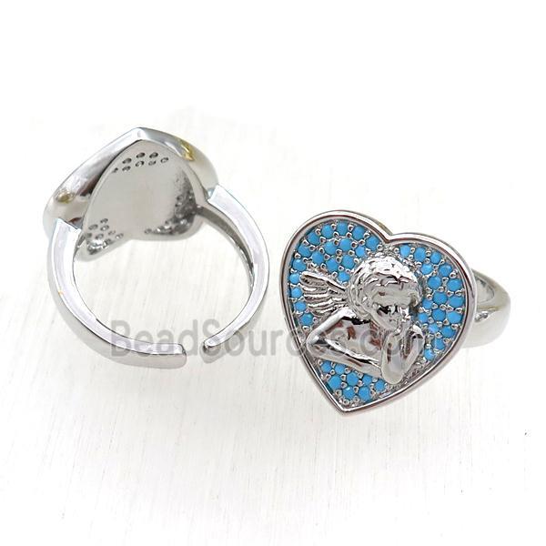 copper Rings pave blue zircon, heart, adjustable, platinum plated