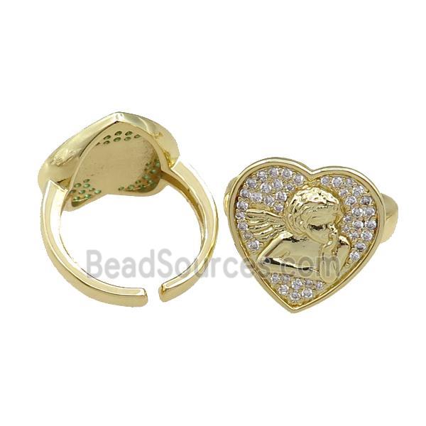 copper Rings pave zircon, heart, adjustable, gold plated