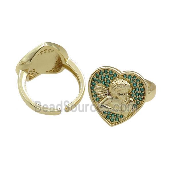 copper Rings pave green zircon, heart, adjustable, gold plated