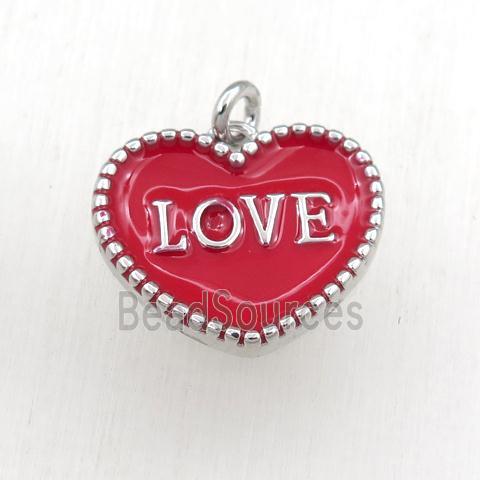 copper heart LOVE pendant with red enameling, platinum plated