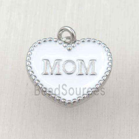 copper heart MOM pendant with white enameling, platinum plated