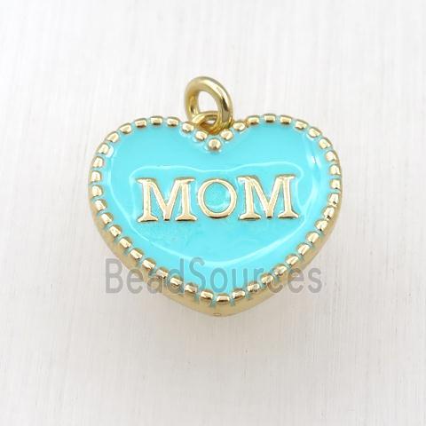 copper heart MOM pendant with green enameling, gold plated