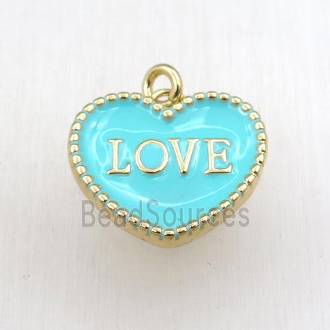 copper heart LOVE pendant with green enameling, gold plated