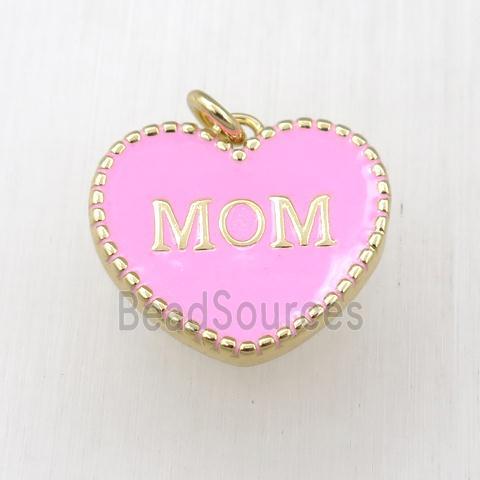 copper heart MOM pendant with pink enameling, gold plated