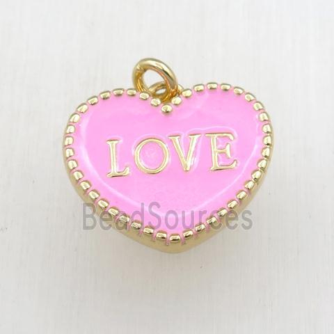 copper heart LOVE pendant with pink enameling, gold plated