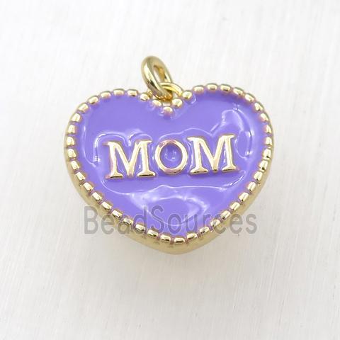 copper heart MOM pendant with lavender enameling, gold plated