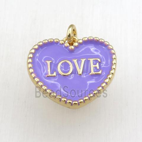 copper heart LOVE pendant with lavender enameling, gold plated