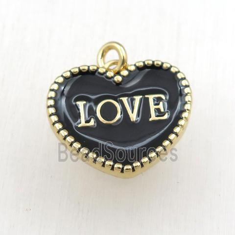 copper heart LOVE pendant with black enameling, gold plated