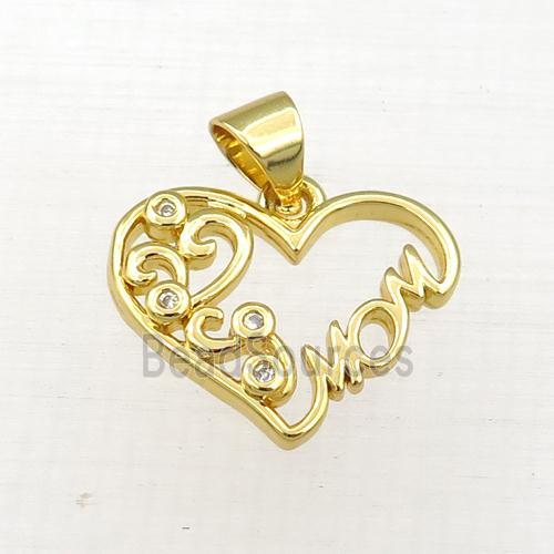 copper heart MOM pendant paved zircon, gold plated