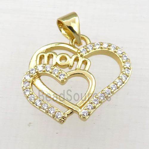 copper heart MOM pendant paved zircon, gold plated