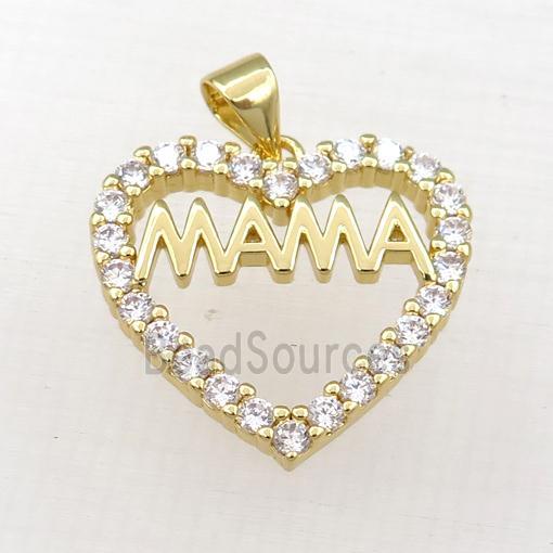 copper heart MAMA pendant paved zircon, gold plated