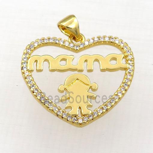 copper heart MAMA pendant paved zircon, gold plated